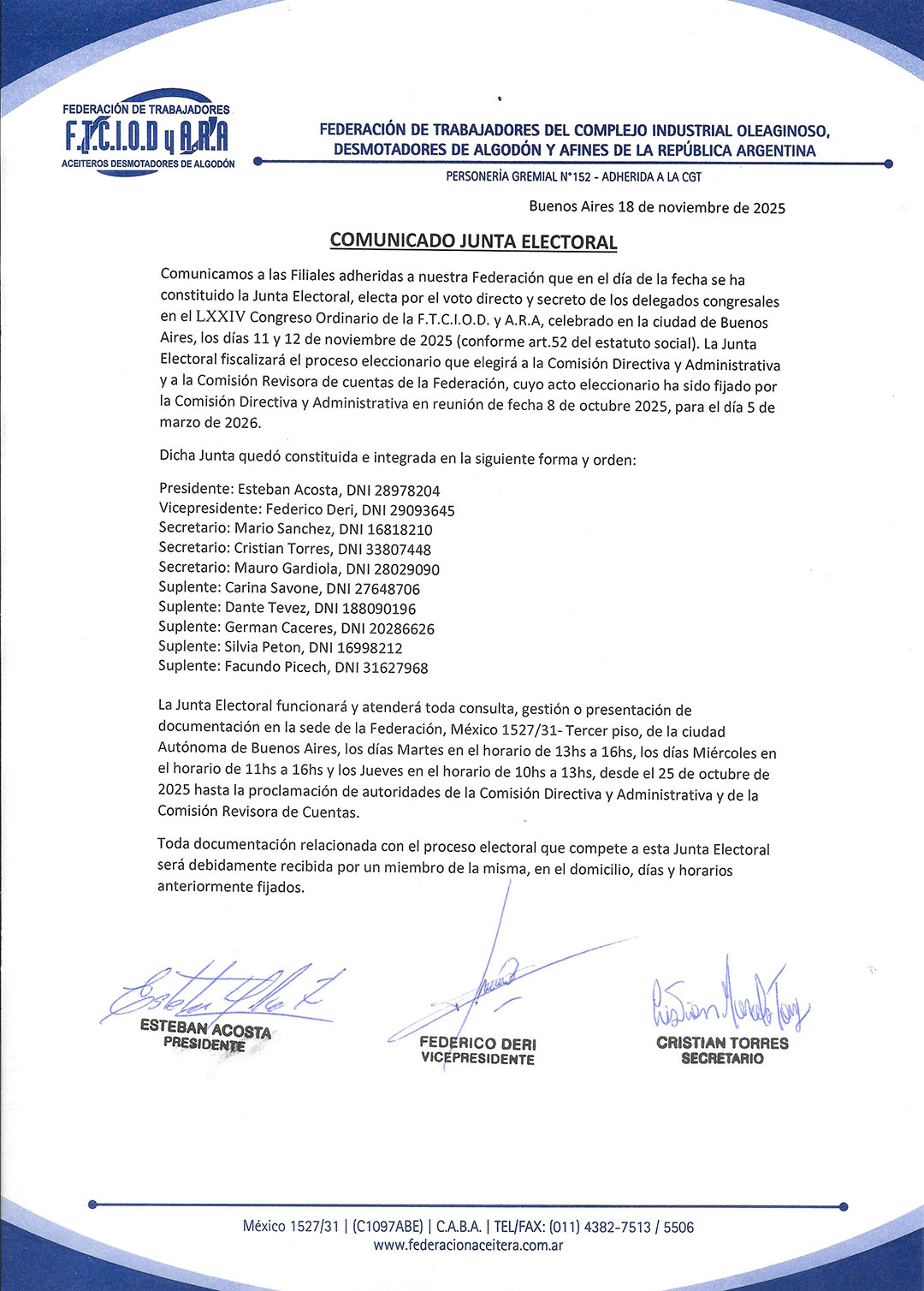 Comunicado Junta Electoral 001