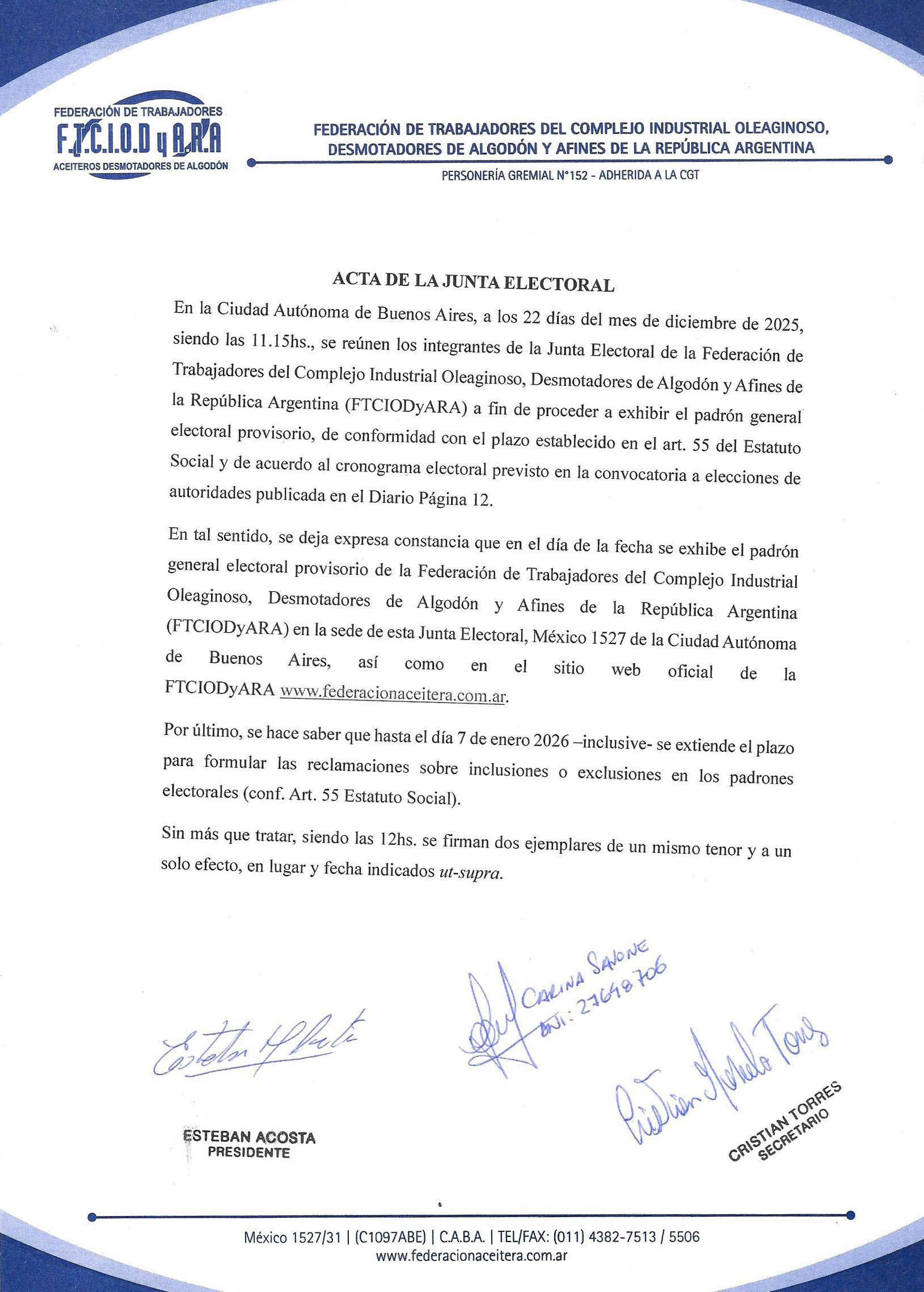 Acta Junta Electoral 22 Diciembre 2025