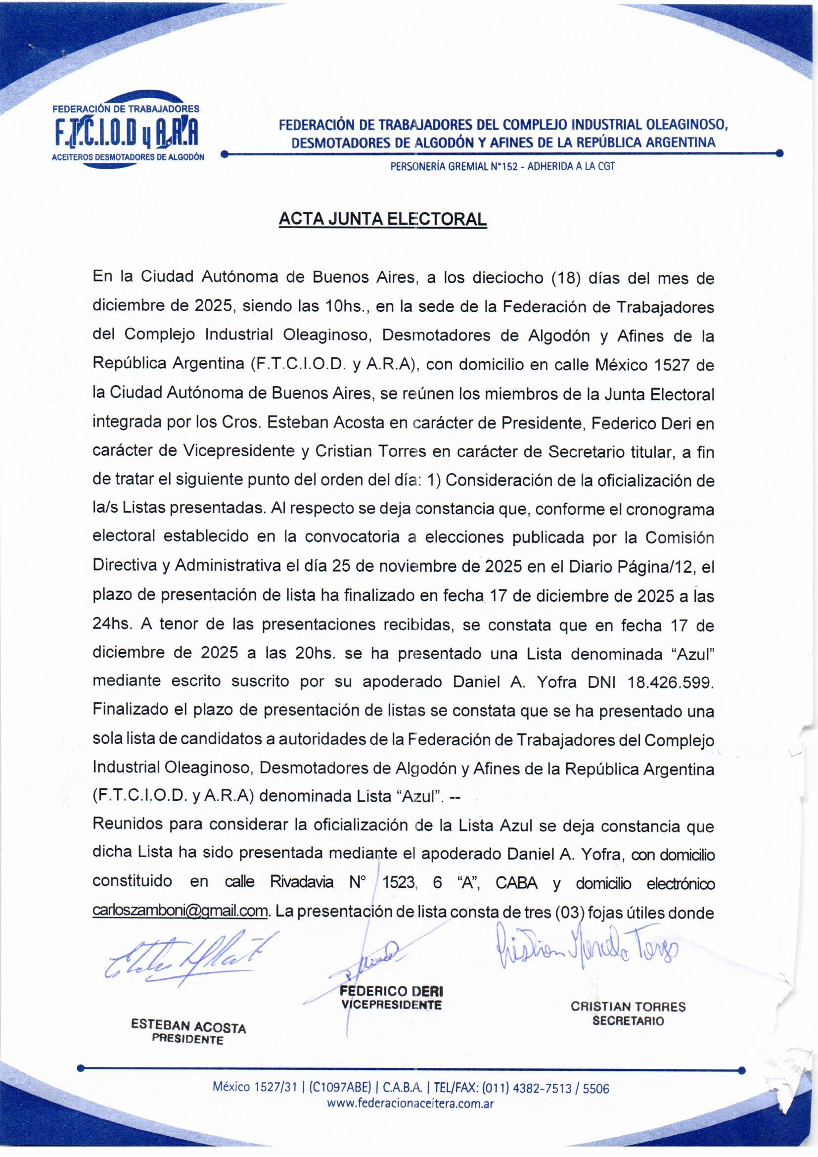 Acta Oficialización De Lista Página 1