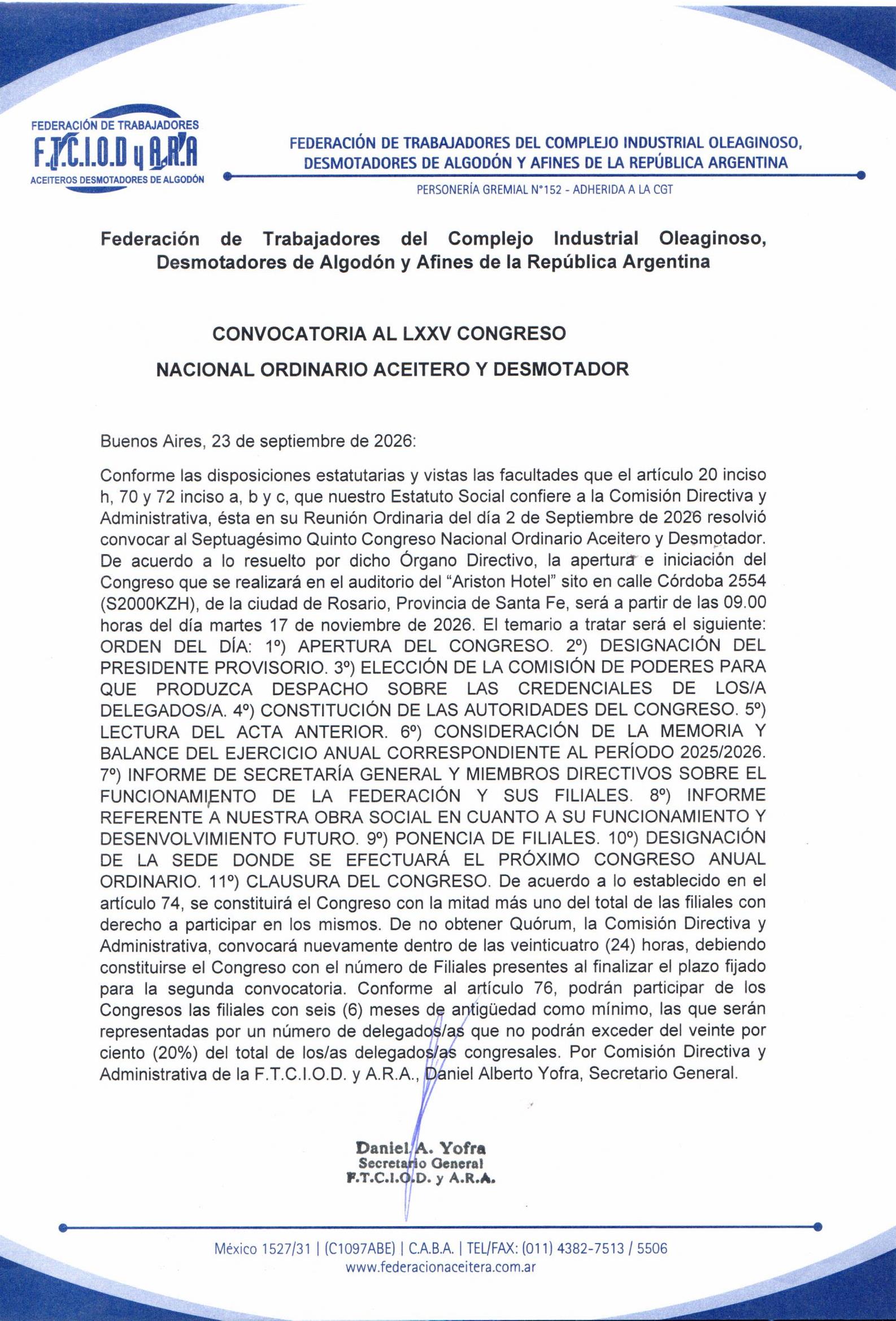Convocatoria Al 75 Congreso Nacional Ordinario